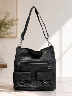 Nino Bossi Black Leather‎ Tote Handbag Multiple Pockets